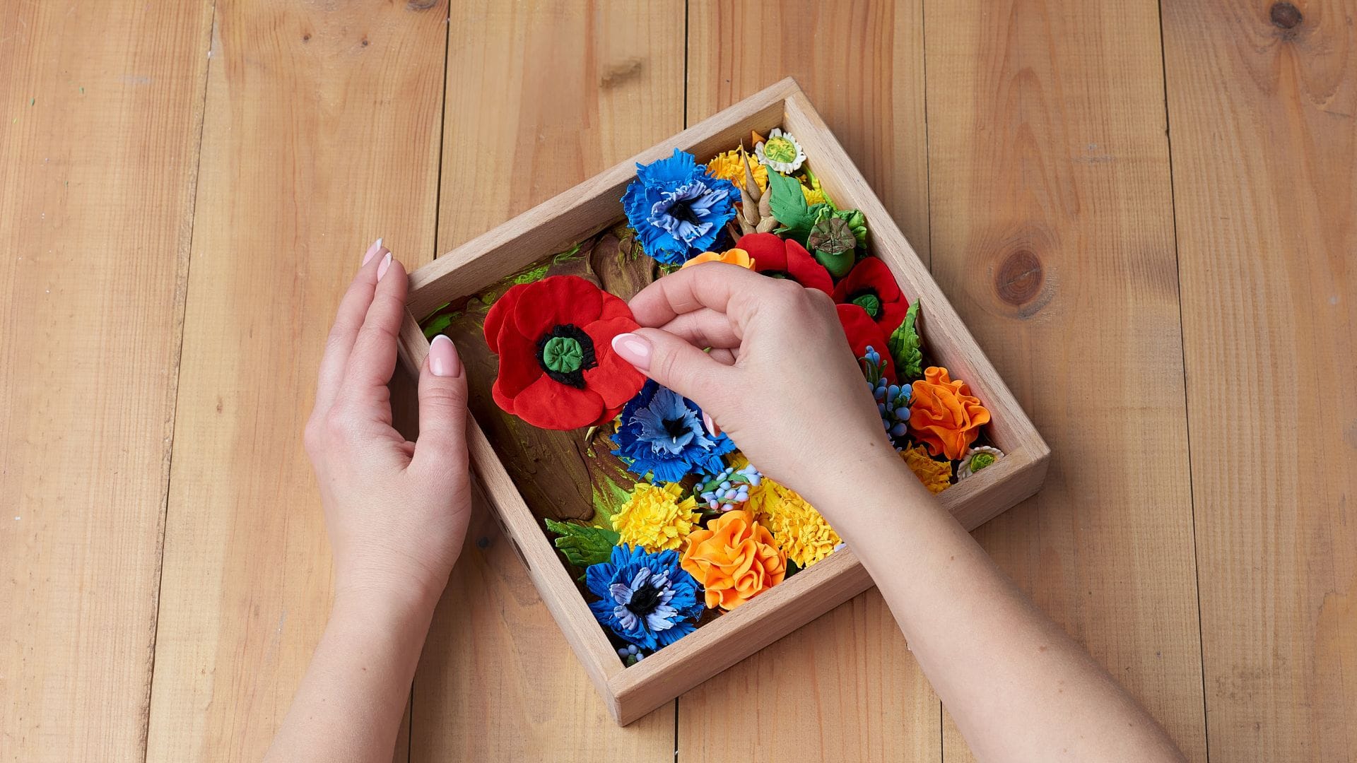 Place them in the wooden base and optionally coat with varnish.